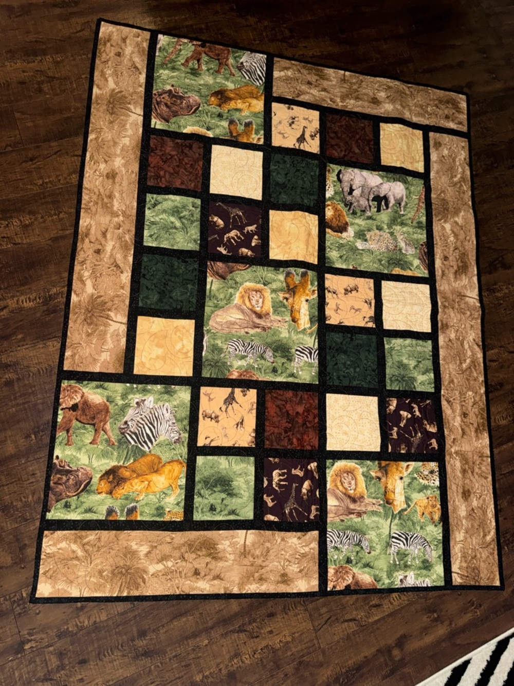 Safari Patchwork Quilted Throw - Green, Tan, Brown - Picture 3 of 9